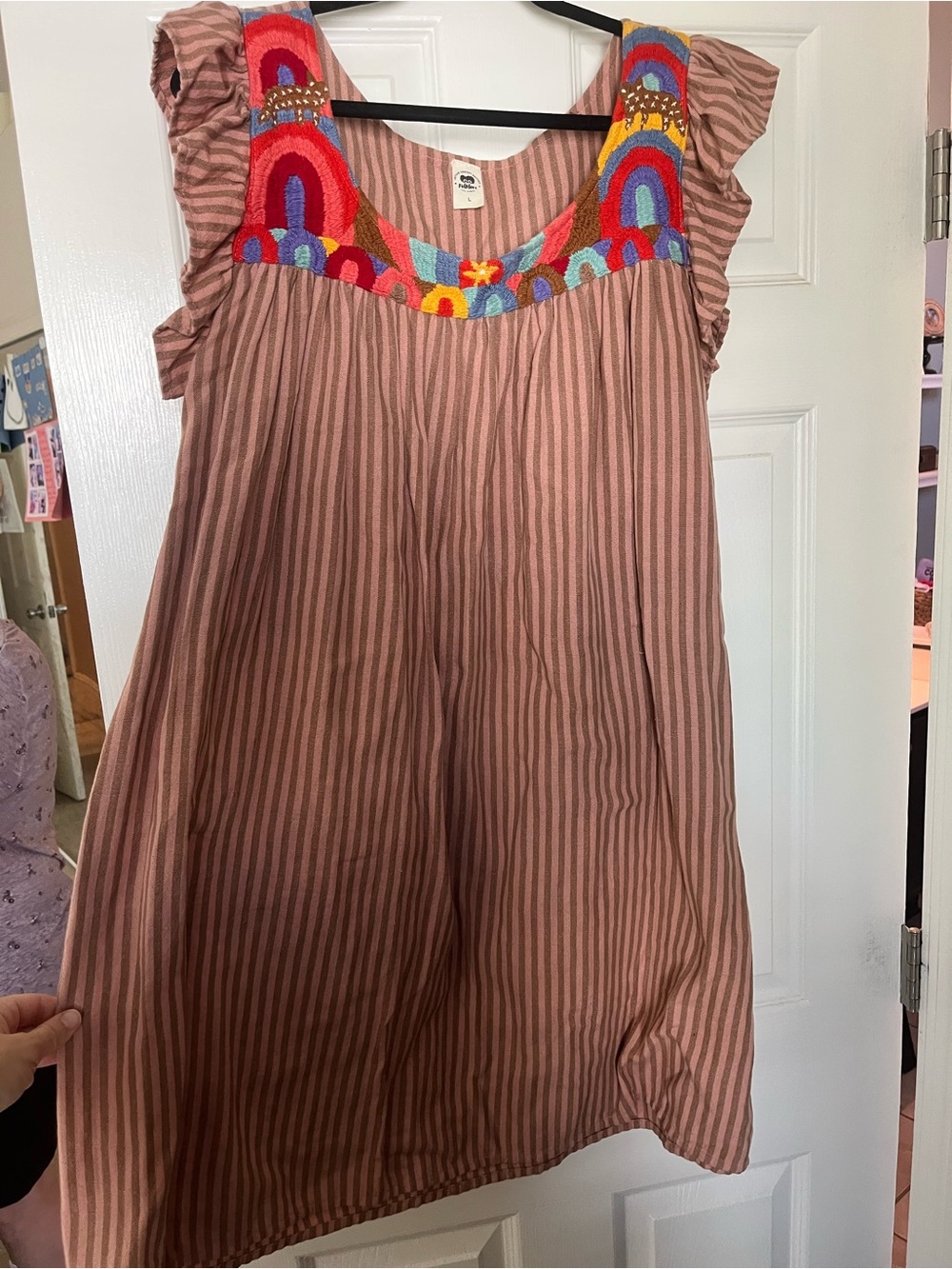 Cotton Embroidered Stripe Dress - Pink